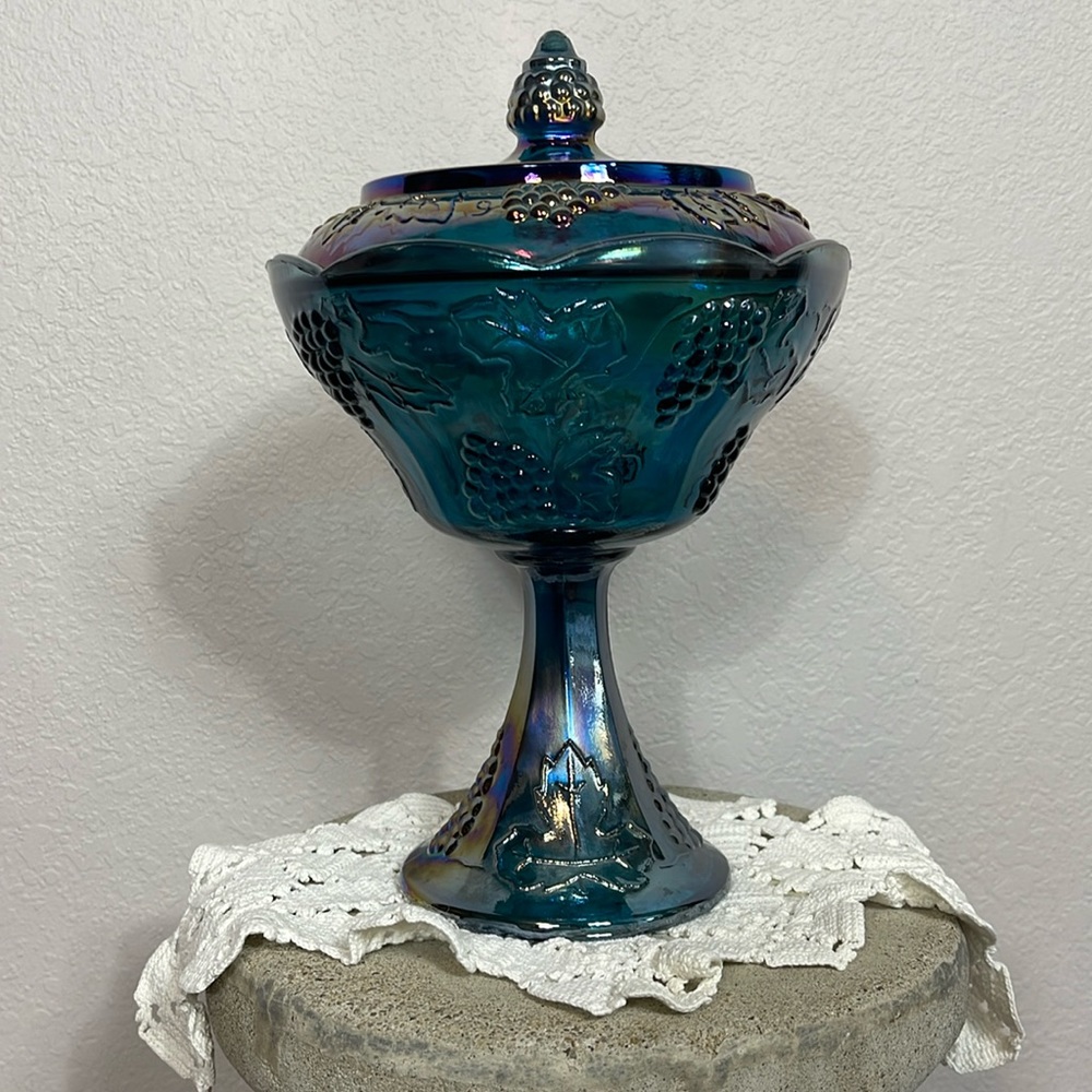 Indiana Glass Carnival Tall Compote Harvest Grape & Leaf Design